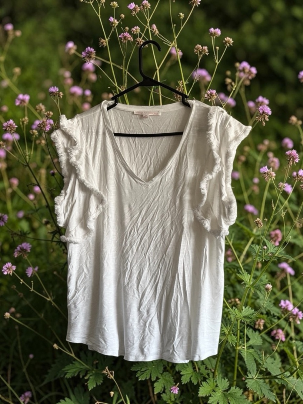 White V-Neck Short Sleeve Top with Ruffle Trim